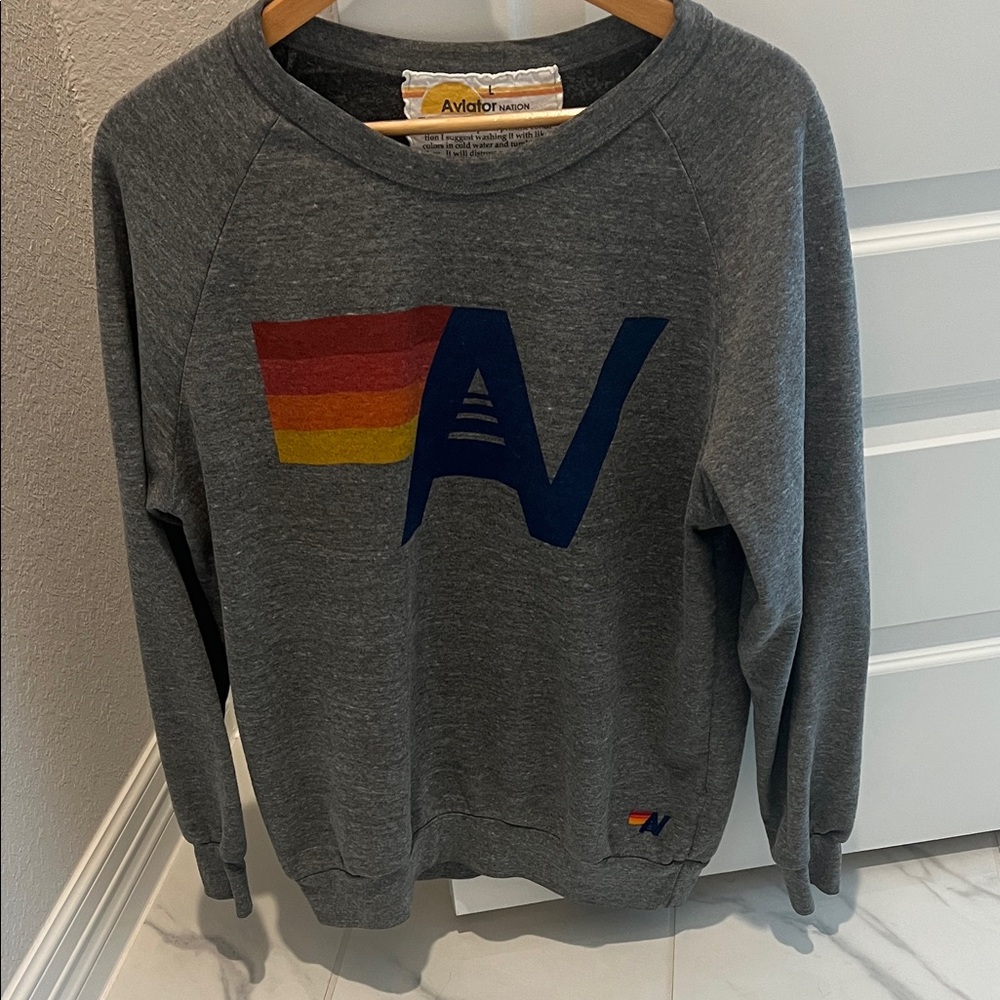 Aviator Nation Charcoal Crew Neck Sweatshirt with Rainbow Logo